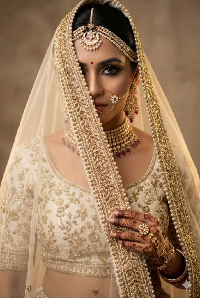 Veiled Indian Bride in Cream and Gold