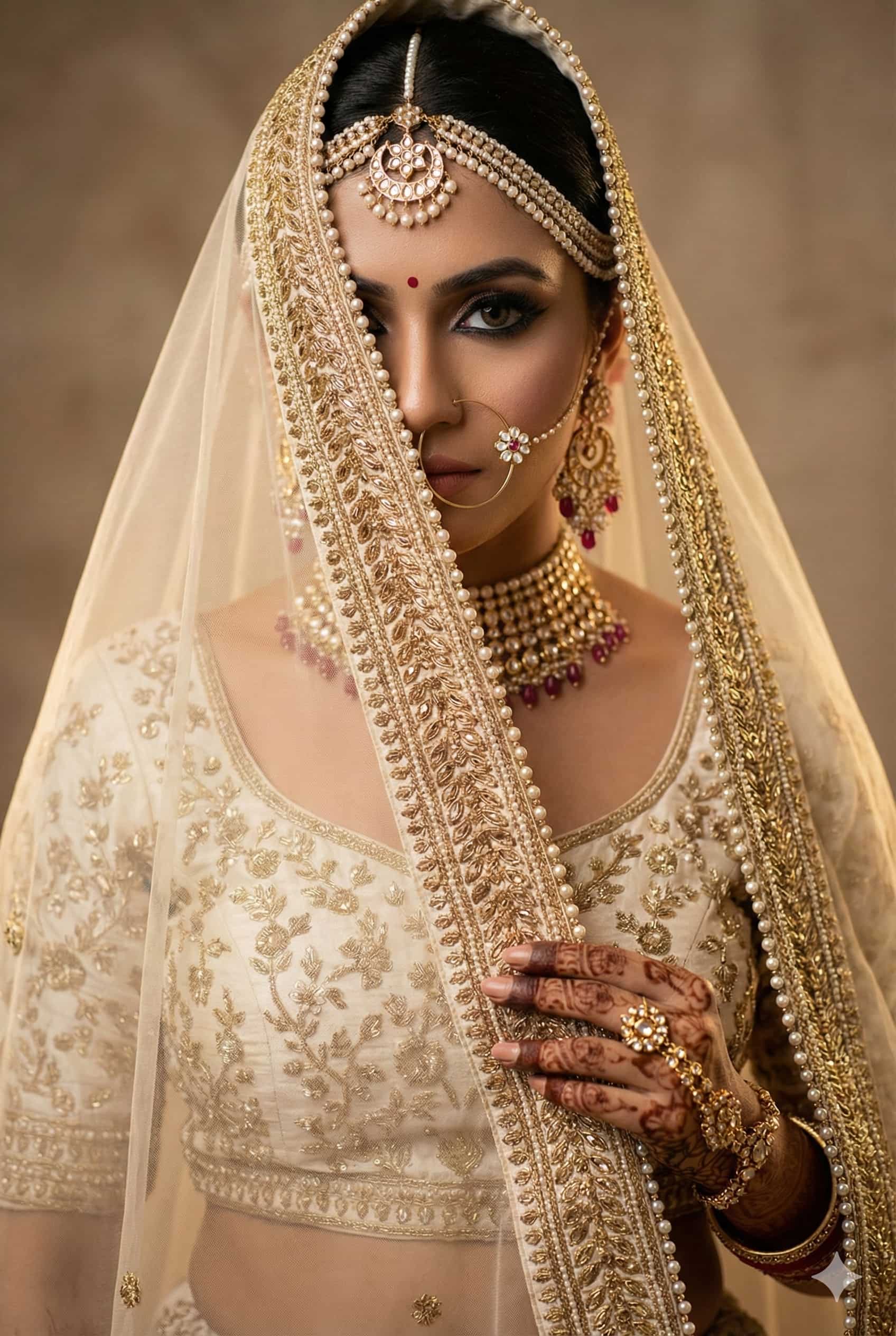 Veiled Indian Bride in Cream and Gold